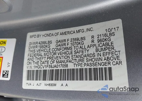2018 Honda Accord Exl from USA, damaged, VIN 1HGCV1F59JA017058
